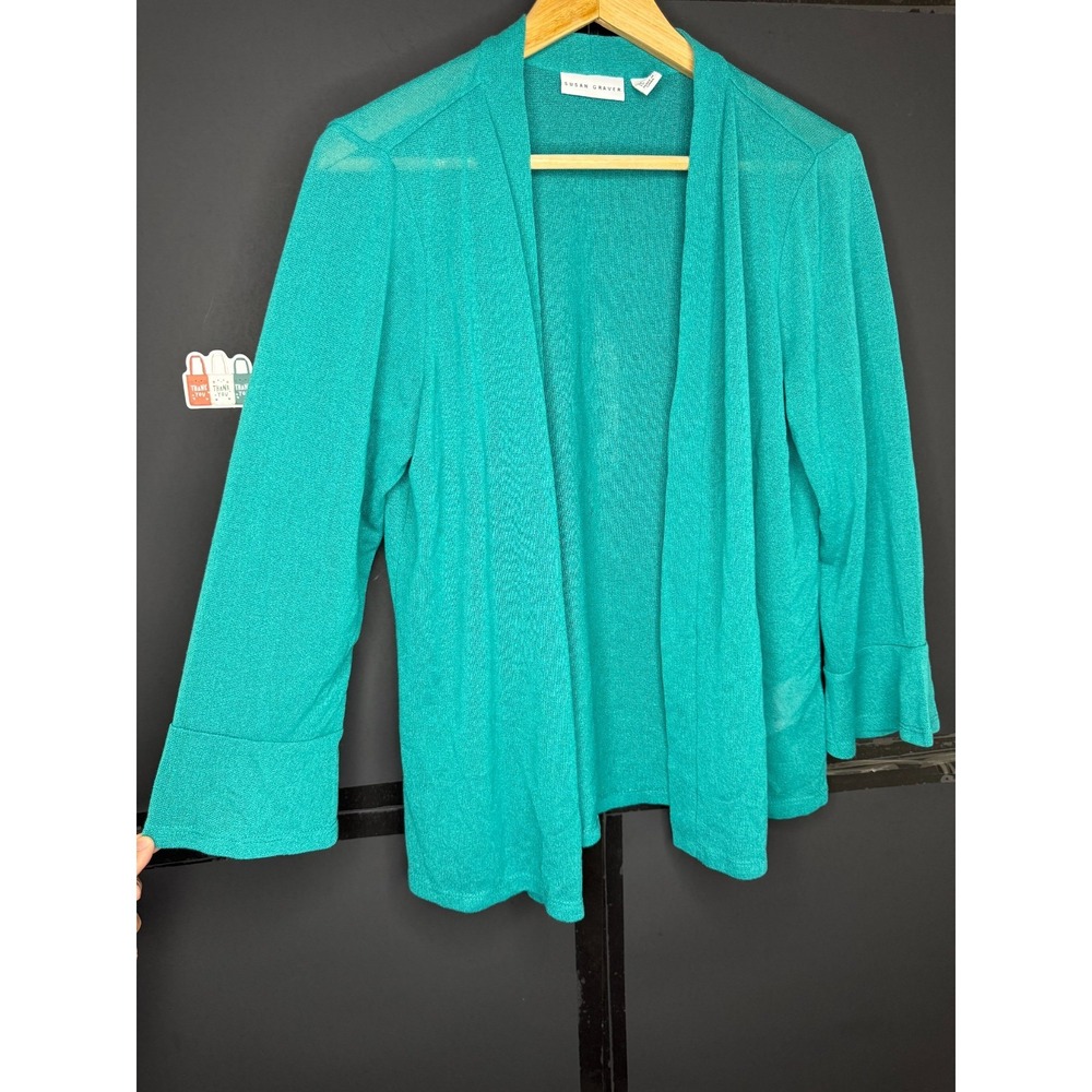 Susan Graver Novelty Knit Open Front 3/4-Flounce Sleeve Cardigan Teal T: M #43" - Picture 3 of 6